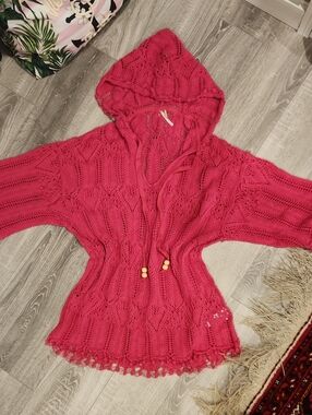 Free People Pink Crochet Hooded Pullover Coverup